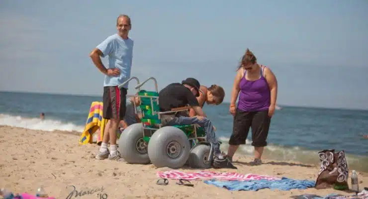 Beach accessible wheel chairs are available at a variety of locations.